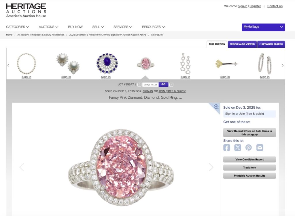 A rare 6.17 carat natural pink diamond loved by A listers sold for £1.64m, soaring past its estimate as demand for large fancy pink stones surges after the Argyle mine closure.