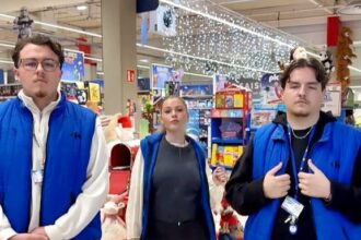 Supermarket hires security guard to protect teenage cashier after her checkout dance videos went viral on TikTok, drawing crowds and millions of views at French store site.