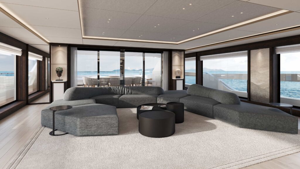 The £162m Sanlorenzo 58Steel Perla Lunar superyacht offers hybrid efficiency luxury lounges spa cinema pool and a full office making it the ultimate work from home retreat at sea.