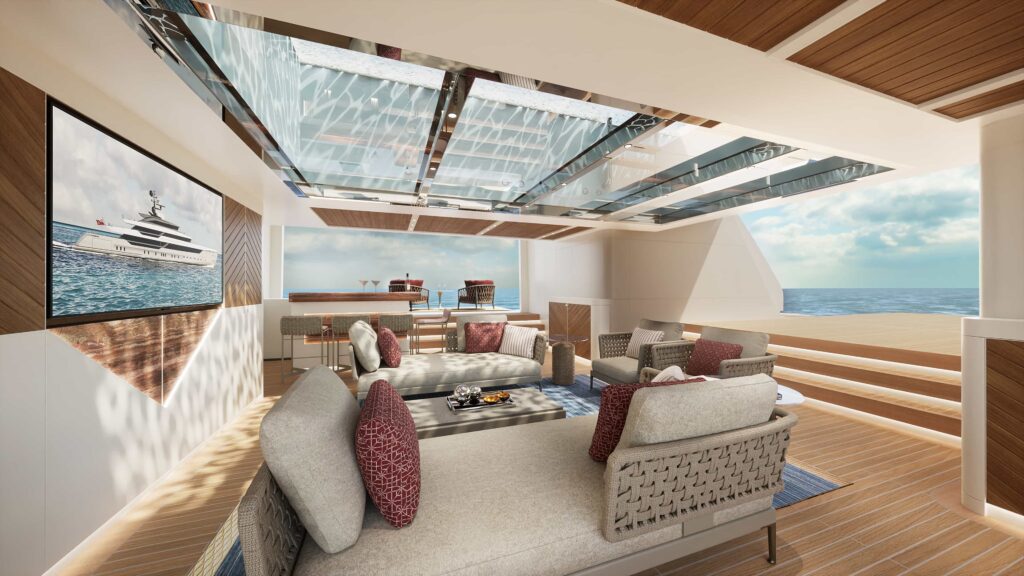 The £162m Sanlorenzo 58Steel Perla Lunar superyacht offers hybrid efficiency luxury lounges spa cinema pool and a full office making it the ultimate work from home retreat at sea.