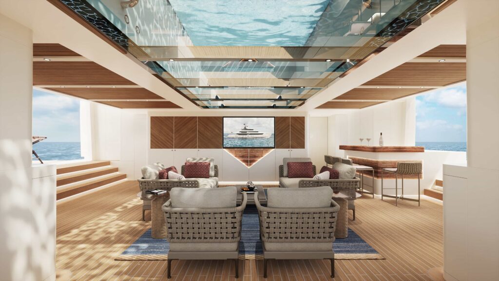 The £162m Sanlorenzo 58Steel Perla Lunar superyacht offers hybrid efficiency luxury lounges spa cinema pool and a full office making it the ultimate work from home retreat at sea.