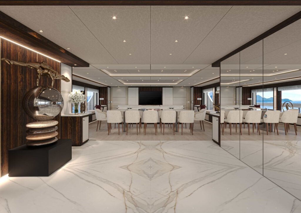 The £162m Sanlorenzo 58Steel Perla Lunar superyacht offers hybrid efficiency luxury lounges spa cinema pool and a full office making it the ultimate work from home retreat at sea.