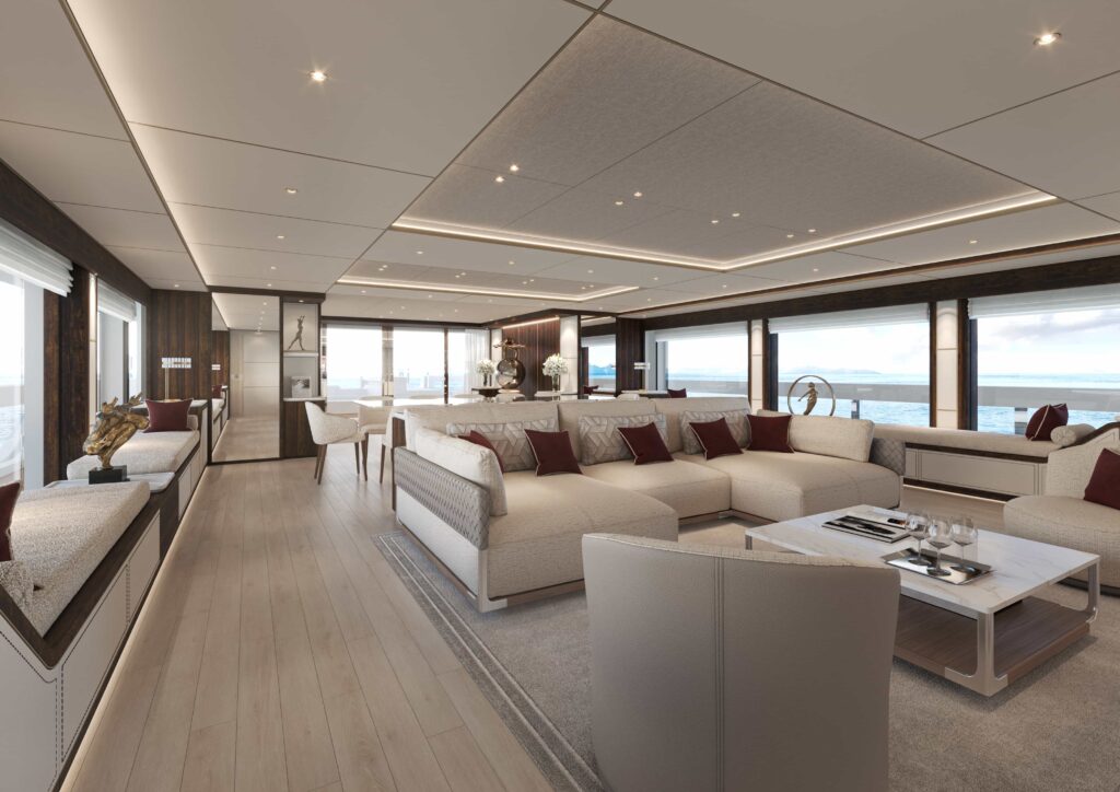 The £162m Sanlorenzo 58Steel Perla Lunar superyacht offers hybrid efficiency luxury lounges spa cinema pool and a full office making it the ultimate work from home retreat at sea.