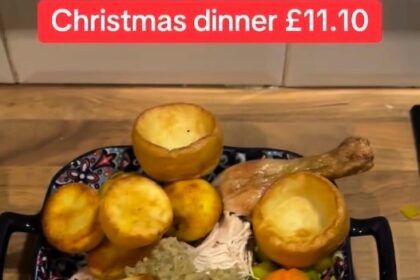Brit reveals how to make a full Christmas dinner for four for just £11 using savvy Asda buys chicken instead of turkey and air fryer cooking to cut costs without losing flavour.