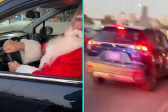 Traffic cop pulls over Santa on busy motorway joking it was revenge for never getting a bike as a child festive prank goes viral delighting millions online.