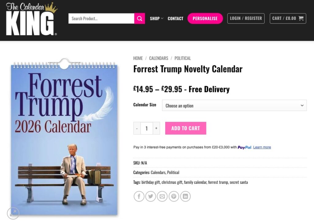 Funny Forrest Trump calendar turns Donald Trump into Forrest Gump with iconic movie scenes creating a quirky 2026 collectible that promises laughs for fans.