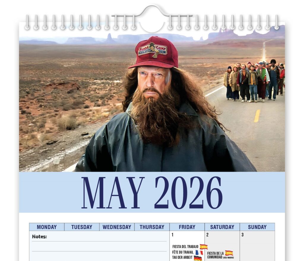 Funny Forrest Trump calendar turns Donald Trump into Forrest Gump with iconic movie scenes creating a quirky 2026 collectible that promises laughs for fans.
