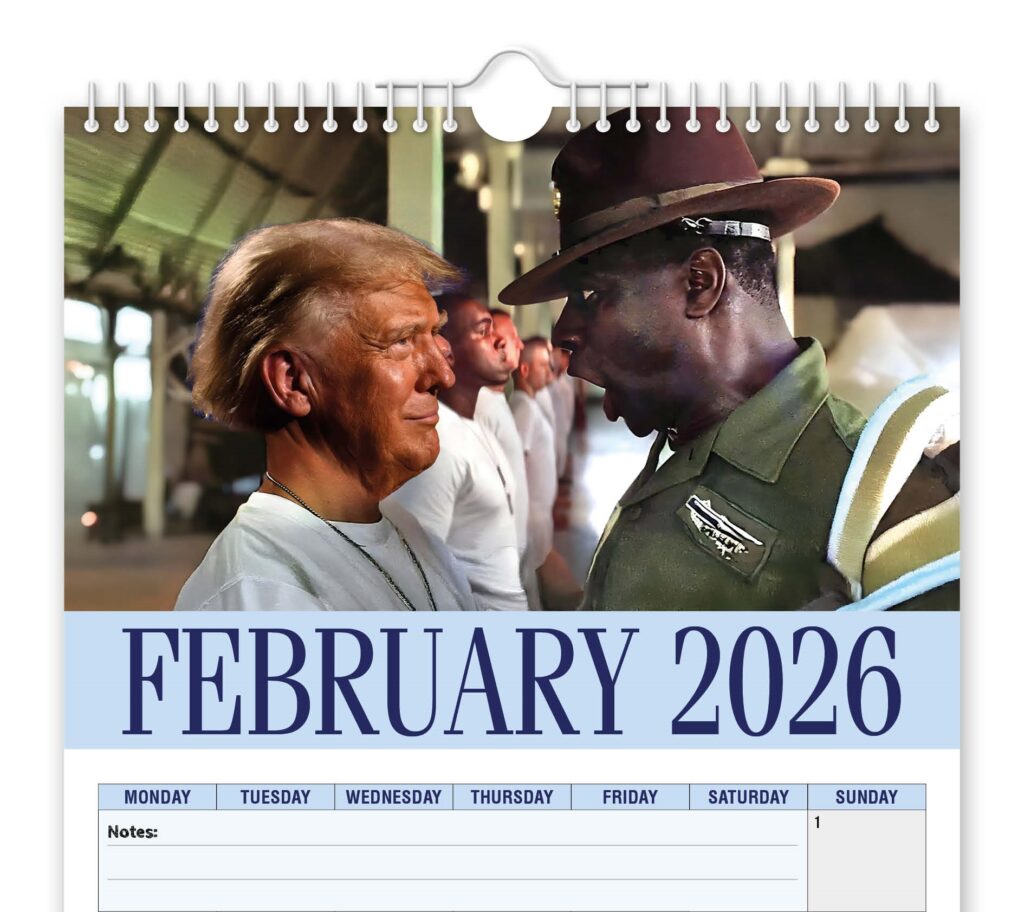 Funny Forrest Trump calendar turns Donald Trump into Forrest Gump with iconic movie scenes creating a quirky 2026 collectible that promises laughs for fans.