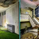Urban explorer uncovers eerie abandoned primary school frozen in time since 2012, with ivy filled classrooms mouldy halls and grass growing indoors near Kent in darkness.