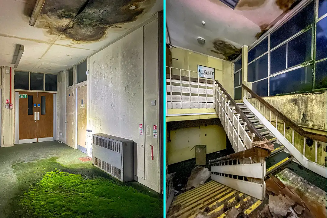Urban explorer uncovers eerie abandoned primary school frozen in time since 2012, with ivy filled classrooms mouldy halls and grass growing indoors near Kent in darkness.