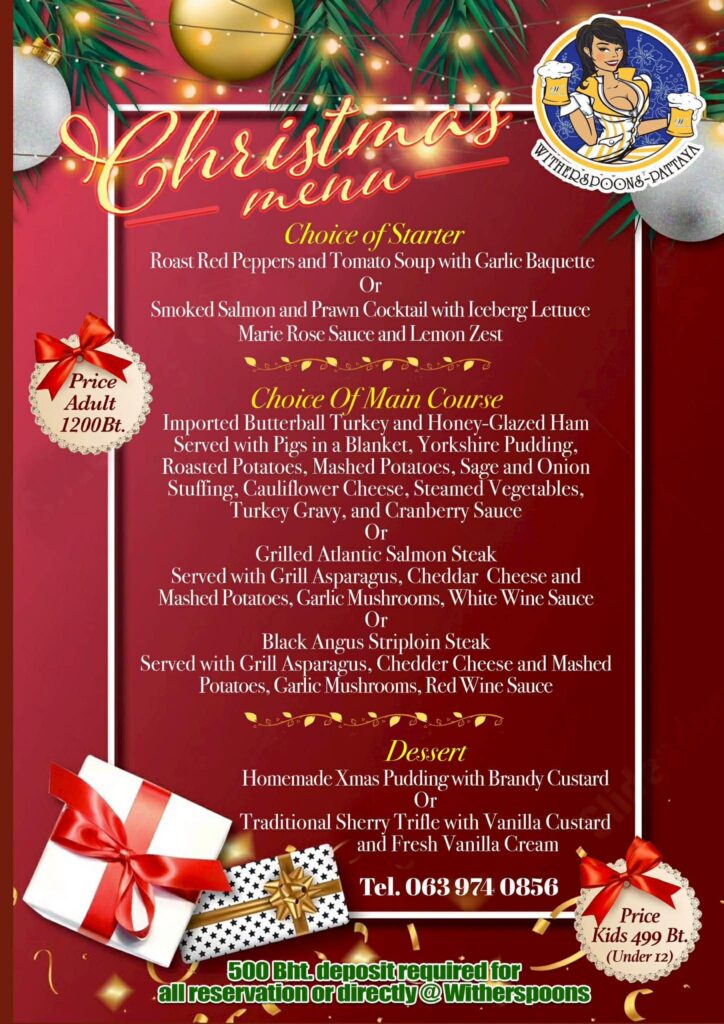 A Wetherspoons dupe in Pattaya offers a £28 luxury three course Christmas feast with turkey salmon or steak plus £2.34 pints tempting Brits with festive sunshine and big savings.