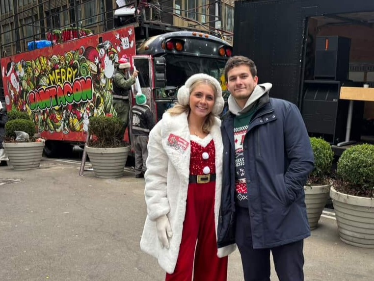 Couple who met during the boozy SantaCon pub crawl announce their engagement four years later, after a chance compliment over ugly Christmas jumpers sparked romance.