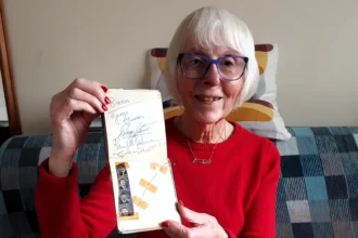 Lifelong fan Elizabeth Salt selling Beatles autographs from 1963 and George Harrison's broken guitar string. Collection could fetch thousands at auction.