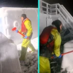Brave fishermen battle minus 30 degree wind chills in the Bering Sea, hammering ice off their frozen trawler as heavy build up threatens the ship during cod voyage