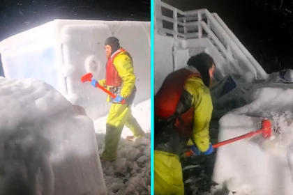 Brave fishermen battle minus 30 degree wind chills in the Bering Sea, hammering ice off their frozen trawler as heavy build up threatens the ship during cod voyage