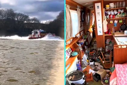 DJ Freddie Graham knocked off feet as speeding fireboat wave rocks his Thames houseboat near Hammersmith Bridge. Items smashed but sees funny side.