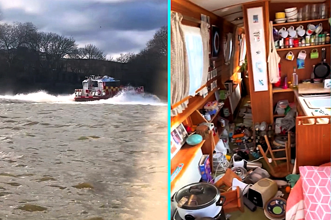 DJ Freddie Graham knocked off feet as speeding fireboat wave rocks his Thames houseboat near Hammersmith Bridge. Items smashed but sees funny side.