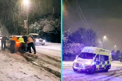 Snow chaos in Nottinghamshire as stranded drivers push cars up an icy hill, while vehicles skid, stall and even an ambulance struggles to climb the slippery slope.