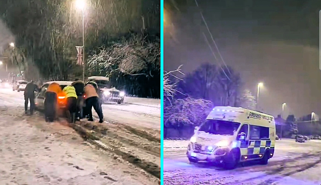 Snow chaos in Nottinghamshire as stranded drivers push cars up an icy hill, while vehicles skid, stall and even an ambulance struggles to climb the slippery slope.