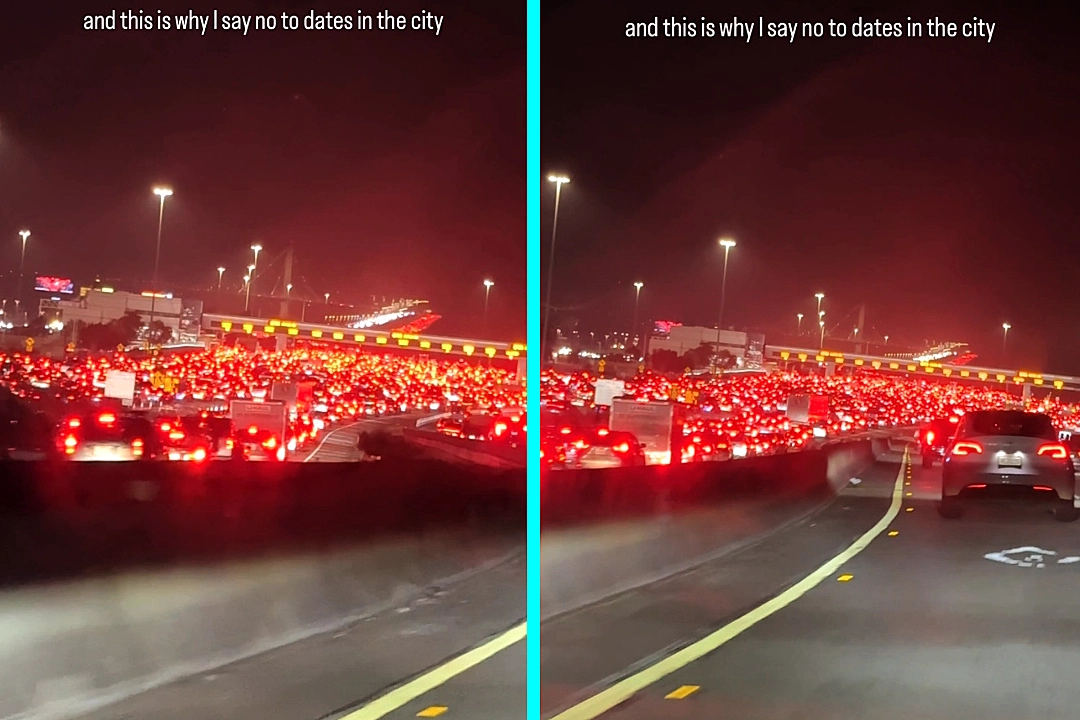 Couple's date night ruined as jaw-dropping heavy traffic on San Francisco Bay bridge goes viral with 511,000 likes. Viewers compared sea of red brake lights to hell.