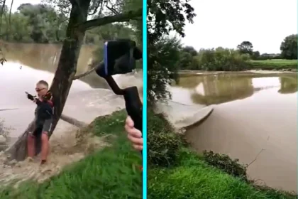 Cyclist drenched by powerful four-star Severn Bore wave after ignoring warnings to move back while photographing Britain's biggest tidal bore near Gloucester from the riverbank.