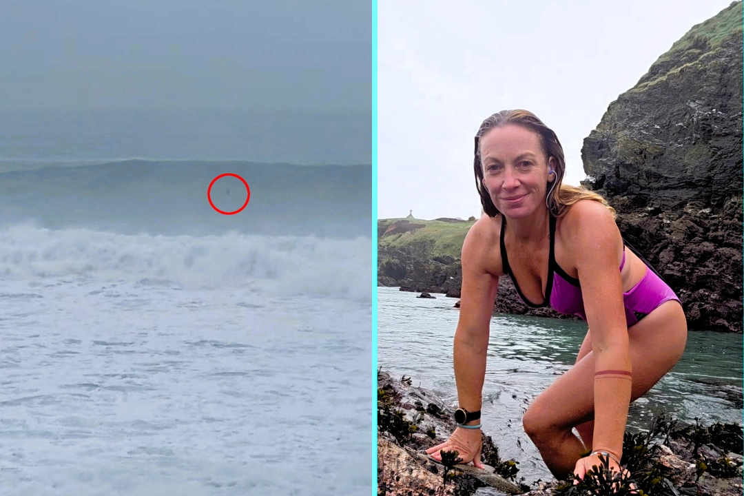 Daredevil surfer James conquers Britain's biggest 40ft wave, the Widow Maker, in Newquay, Cornwall. Awe-struck locals watched as he paddled for an hour to surf it.