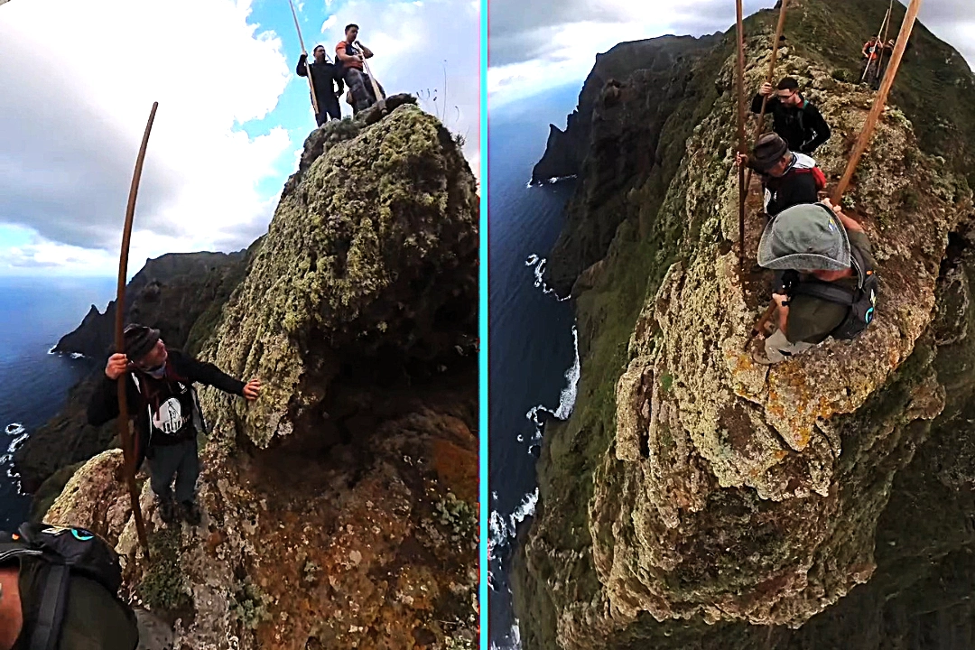Daredevils edge down a sheer Tenerife cliff using towering wooden poles and no safety gear, filming a vertigo-inducing descent that left viewers dizzy and queasy