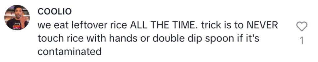 Social media comment on the post of Neurologist Dr Bing warns leftover rice at room temperature can cause fried rice syndrome from bacillus cereus toxin that attacks brain cells, particularly dangerous for children despite being rare.
