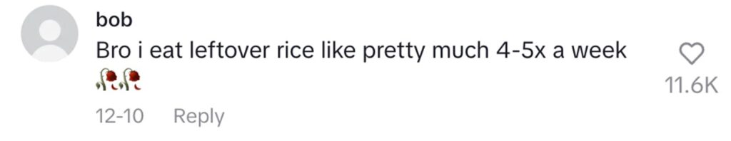 Social media comment on the post of Neurologist Dr Bing warns leftover rice at room temperature can cause fried rice syndrome from bacillus cereus toxin that attacks brain cells, particularly dangerous for children despite being rare.