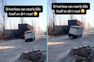 Driverless RoboVan bounces on potholed icy road nearly toppling over as onlookers laugh. Autonomous delivery van slams brakes repeatedly on unmade Chinese street.