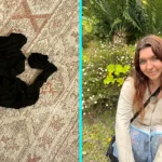 Woman spots Elvis Presley silhouette in fallen tights after suitcase drops - 23-year-old Rebecca and friend shocked by uncanny resemblance to The King with microphone.