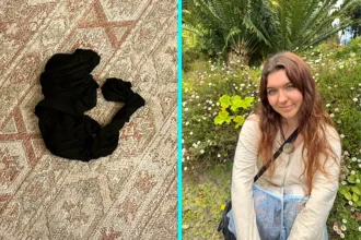 Woman spots Elvis Presley silhouette in fallen tights after suitcase drops - 23-year-old Rebecca and friend shocked by uncanny resemblance to The King with microphone.