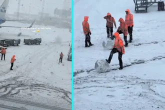 Frustrated passenger Caitlin filmed Schiphol Airport workers having snowball fight on runway during severe flight delays, with viral video gaining 900,000 views.