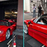 Ferrari F50 sold for £5.79m at auction then driver scraped wall leaving lot damaging passenger mirror. Replacement mirrors cost upwards of £2,995 each. Video viral.