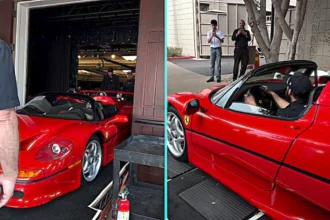 Ferrari F50 sold for £5.79m at auction then driver scraped wall leaving lot damaging passenger mirror. Replacement mirrors cost upwards of £2,995 each. Video viral.