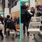 Customers brawl over trolleys at IKEA closing-down sale in China - woman snatches cart from man sparking three-way tug-of-war as Swedish giant shuts 7 stores.