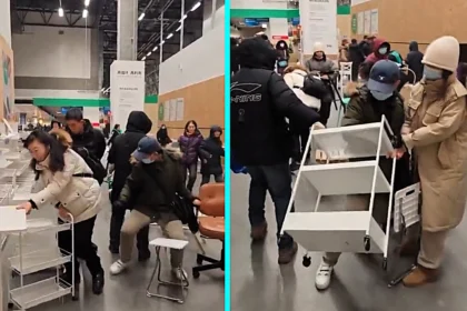 Customers brawl over trolleys at IKEA closing-down sale in China - woman snatches cart from man sparking three-way tug-of-war as Swedish giant shuts 7 stores.