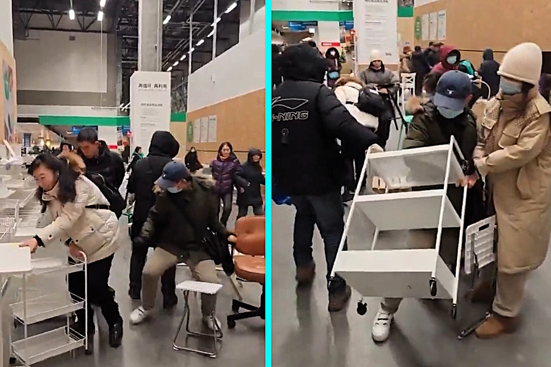 Customers brawl over trolleys at IKEA closing-down sale in China - woman snatches cart from man sparking three-way tug-of-war as Swedish giant shuts 7 stores.