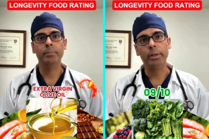 Harvard educated doctor ranks nine foods for healthy ageing- olive oil tops list while fish berries and greens score high and ultra processed foods get zero rating today.