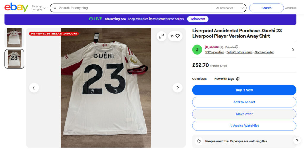 A Liverpool fan is trying to resell a £52 Marc Guéhi shirt after the defender snubbed Anfield for Manchester City, leaving football fans laughing at the blunder