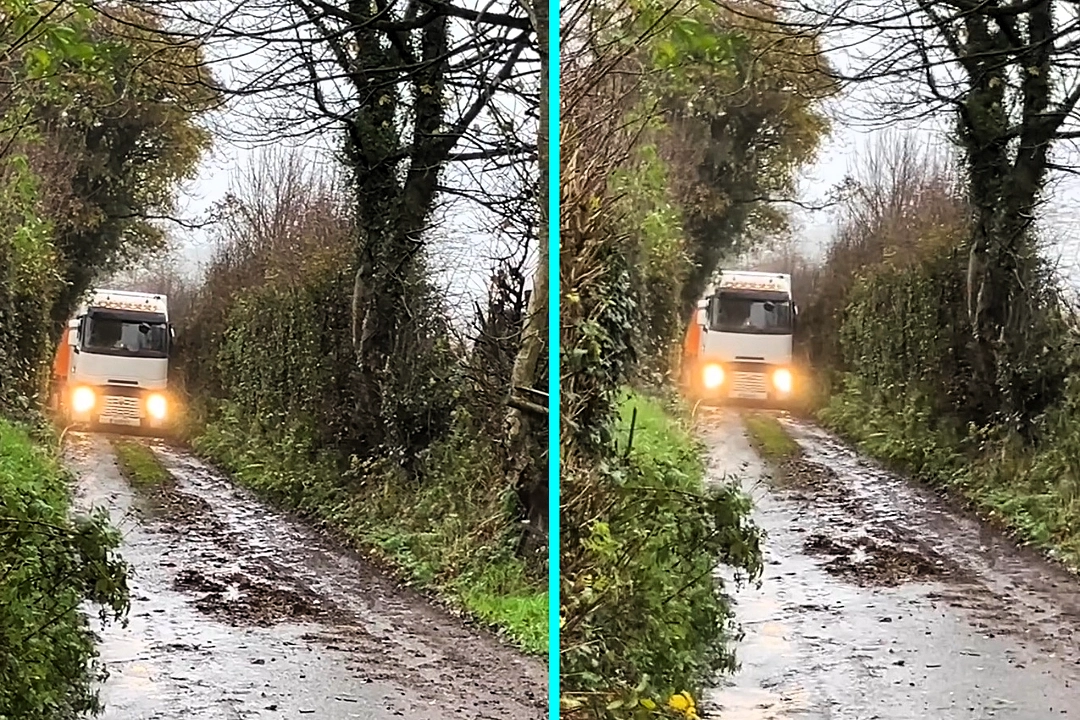 Huge articulated lorry gets stuck in narrow country lane in Clogher Valley, Ulster after suspected sat nav blunder. Driver attempted to reverse on barely-wide track.