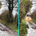 Huge articulated lorry gets stuck in narrow country lane in Clogher Valley, Ulster after suspected sat nav blunder. Driver attempted to reverse on barely-wide track.