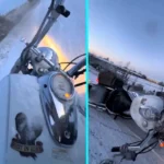Content creator Sammy Farrow falls off snow-covered motorbike in slow motion during icy first day back commute - foolhardy ride caught on camera goes viral with 1.6m views.