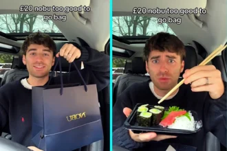 Influencer reviewing a £20 Too Good To Go bag from celeb favourite Nobu goes viral after mistaking tuna sashimi for raw bacon in a hilarious food fail.