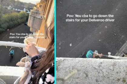 Hungover friends Angel Sweetman, 24, and her pals created a pulley system using six dressing gown ropes to hoist their Slim Chickens takeaway up three storeys in Cardiff.