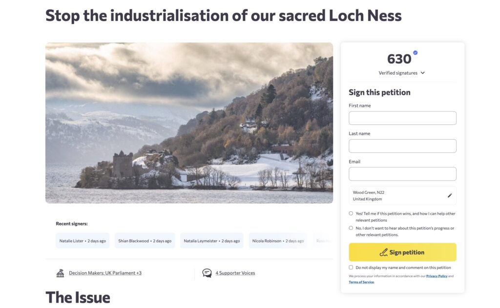 Locals launch Save Loch Ness campaign to stop pumping stations, wind farms and telecoms towers. Petition gains support as residents fight to protect iconic Scottish landmark.