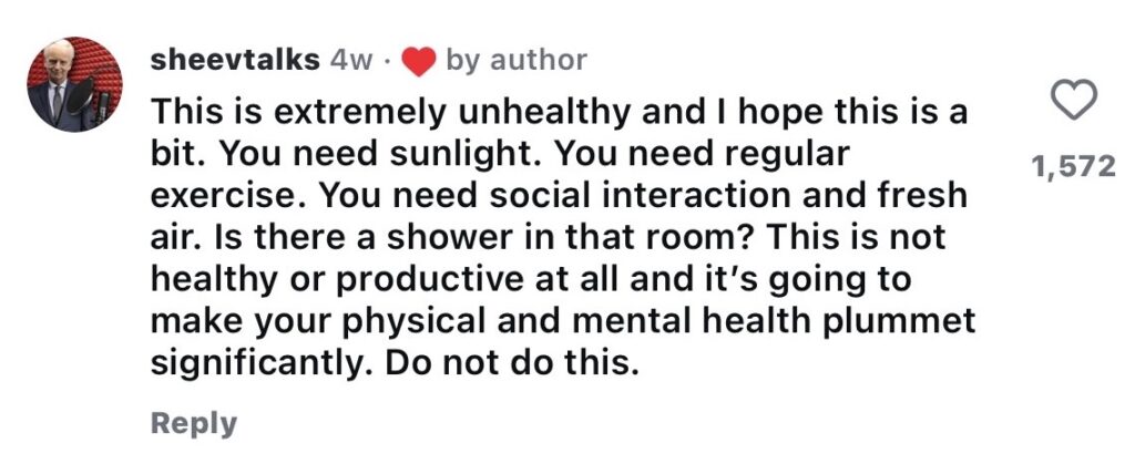 Social media comment on the post of Skip Boyce, 49, locks himself in single room for 365 days livestreaming 24/7 to become healthier - day 17 of extreme isolation challenge already draws millions.