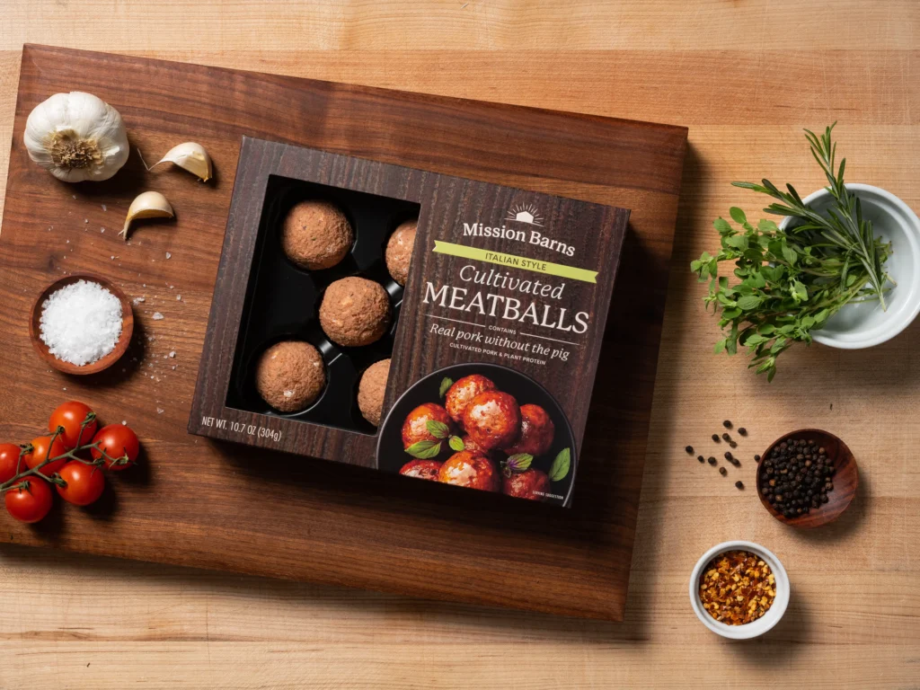 San Francisco startup Mission Barns creates real bacon from pig cells grown in lab cultivators using samples from Dawn, a pig living freely at an animal sanctuary.