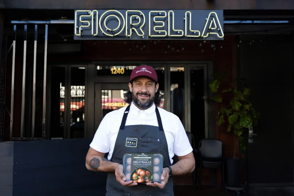 San Francisco startup Mission Barns creates real bacon from pig cells grown in lab cultivators using samples from Dawn, a pig living freely at an animal sanctuary.