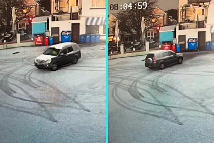 Motorist performed 360-degree spin in icy Saundersfoot Harbour car park at 5am, narrowly missing bins during Arctic weather blast in south Wales yesterday.